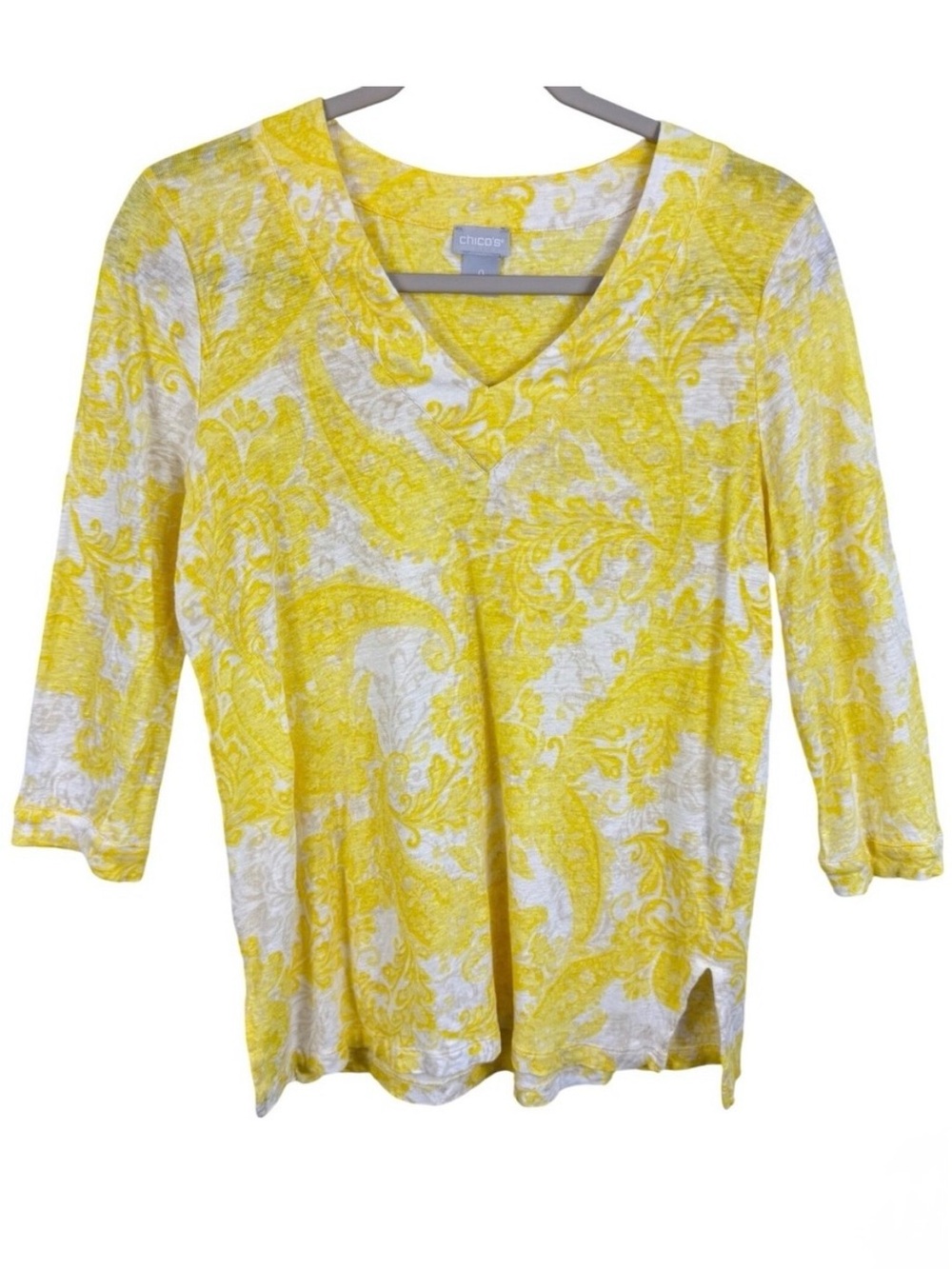Chicos Yellow White Paisley 100% Linen V-Neck‎ 3/4 Sleeve Top Blouse Size 0 S